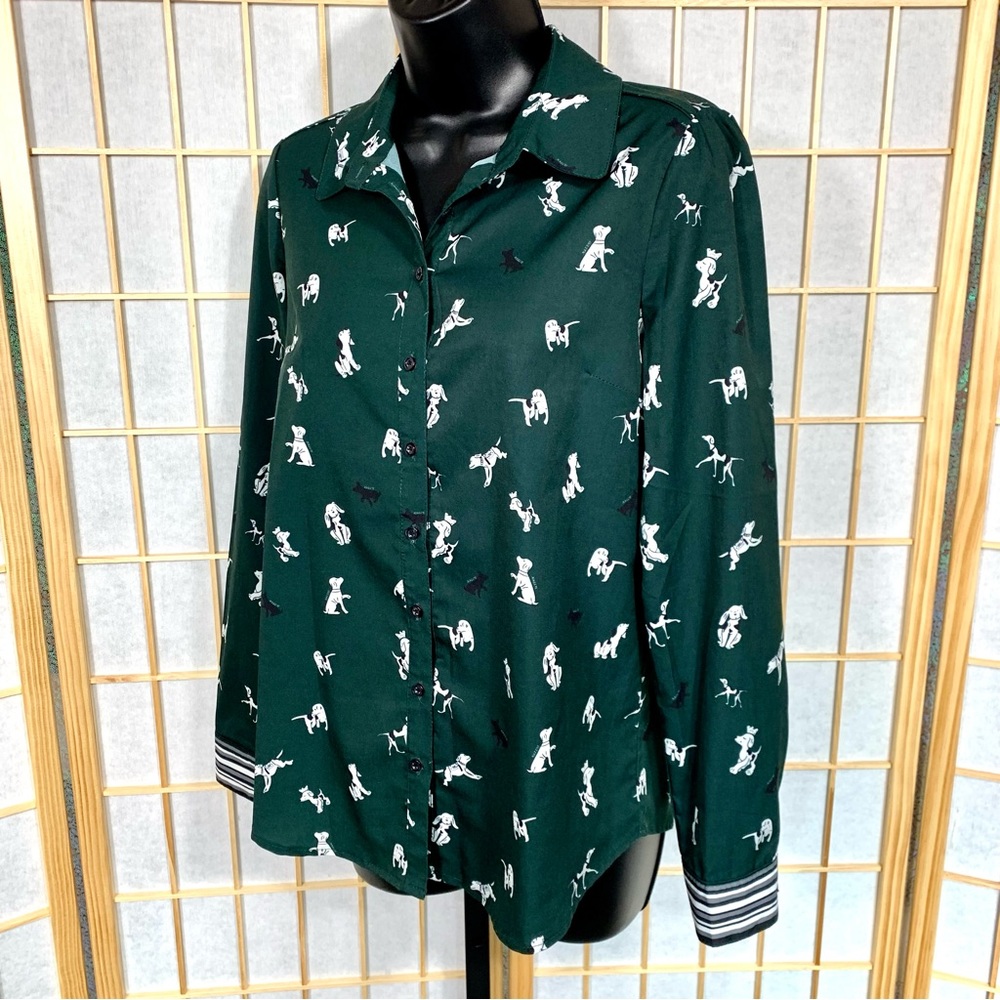 Button-Down Shirt in Forest Green with Dog Print